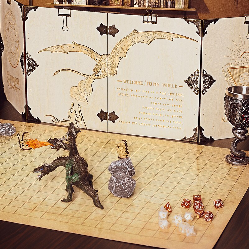 Dungeon Master Screen 4-Panel Wood Laser Carved with Felt Case